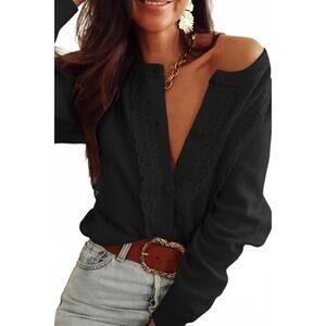 NEW TRENDSI lace detail button down long sleeve cardigan in black